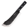 A sleek Nikushoku Butcher Knife from seido knives, featuring a large black and white blade with a black wood handle.