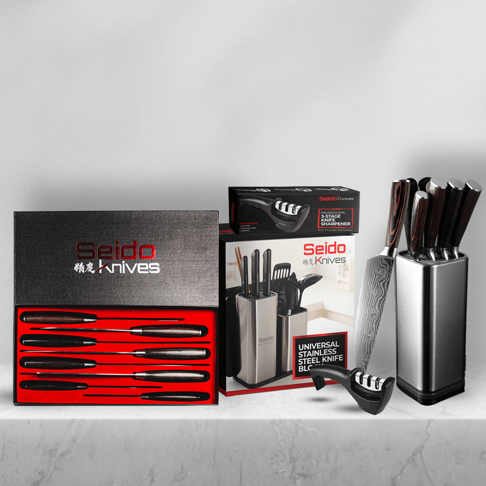 Master Chef Knife Set With Sharpener & Block | Seido Knives Master Chef Knife Set With Sharpener & Block | Seido Knives