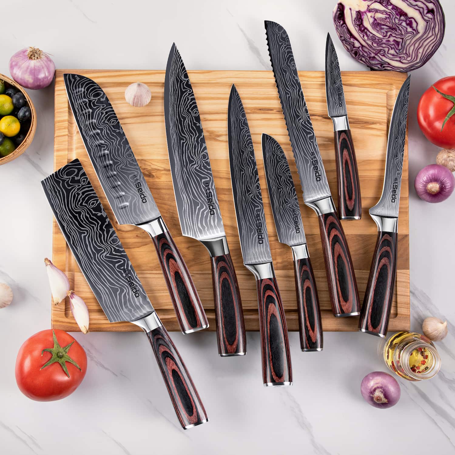 8-Piece seido Japanese Master Chef Knife set on cutting board with produce