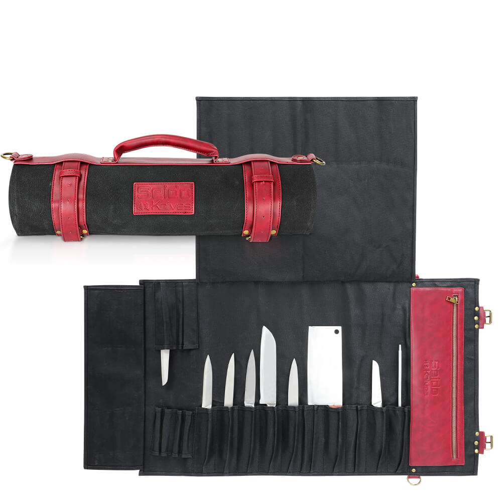 A stylish knife roll bag by Seido Knives, perfect for chefs on the go! Safely store and transport your knives with ease.