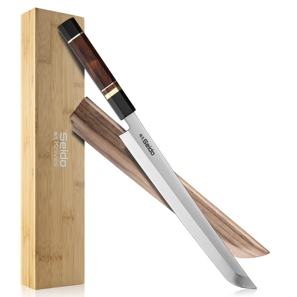 Sakimaru Takohiki 10" knife: exquisite craftsmanship by Seido Knives. Rosewood and Ebony Buffalo Horn handle.