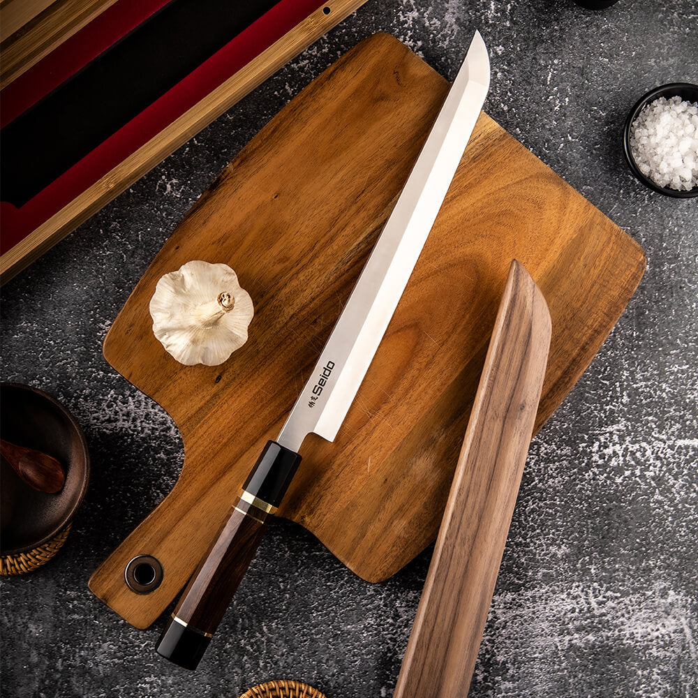 A sleek Sakimaru Takohiki knife rests on a wooden cutting board, ready to slice and dice. The craftsmanship is exquisite!