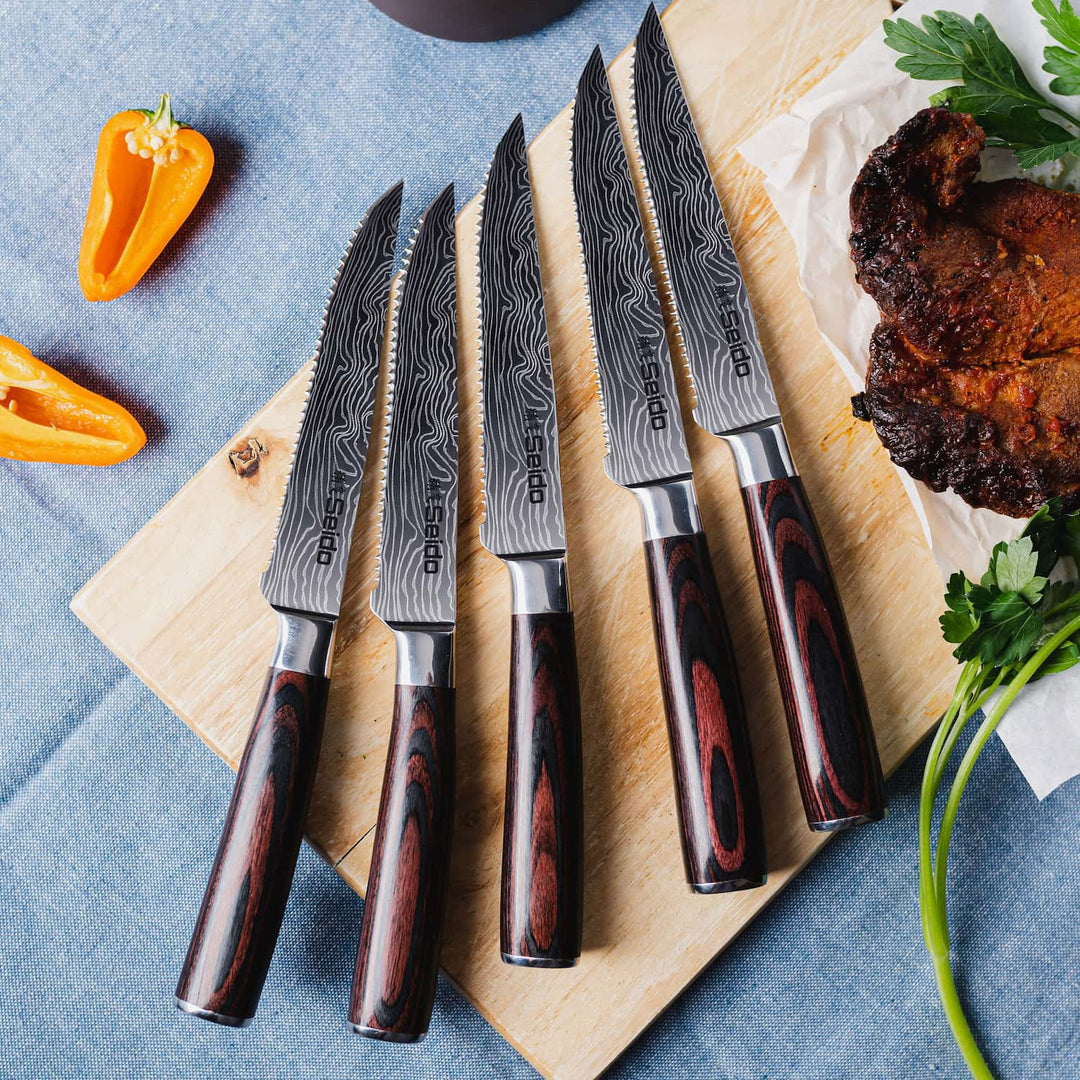Slice through your steak like a pro with Seido Knives' serrated steak knives. Perfectly crafted for flawless dining.