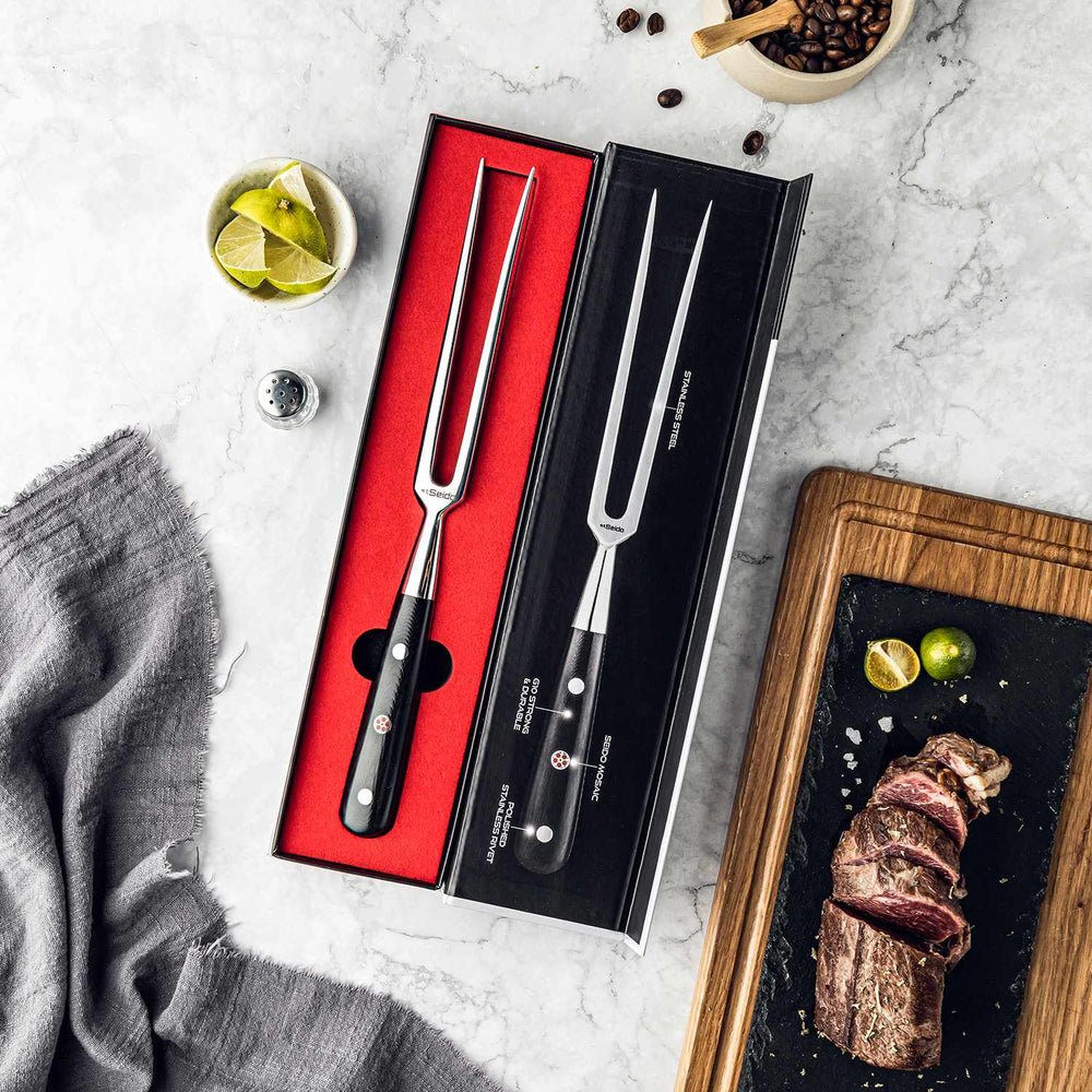 Shujin Series Meat & Carving Fork presented in gift packaging.