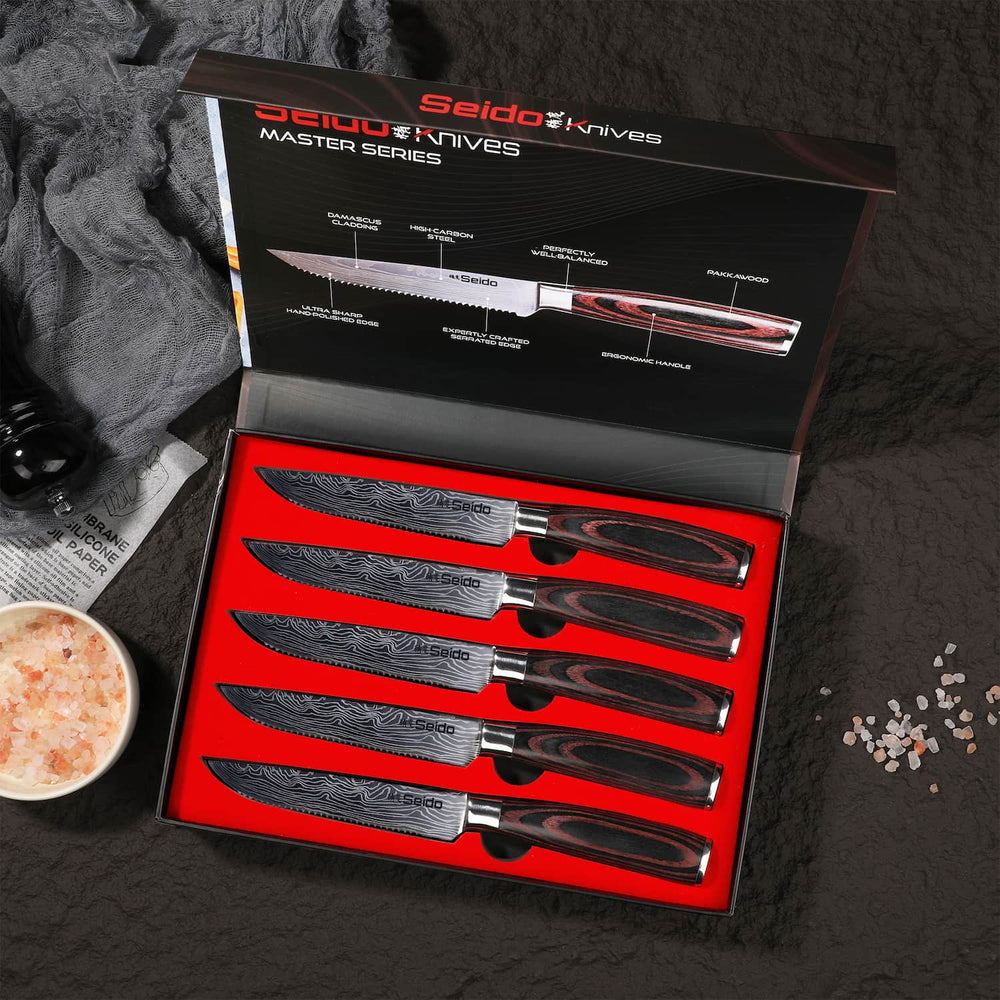 Seido 5-piece serrated Steak Knives in gift box packaging