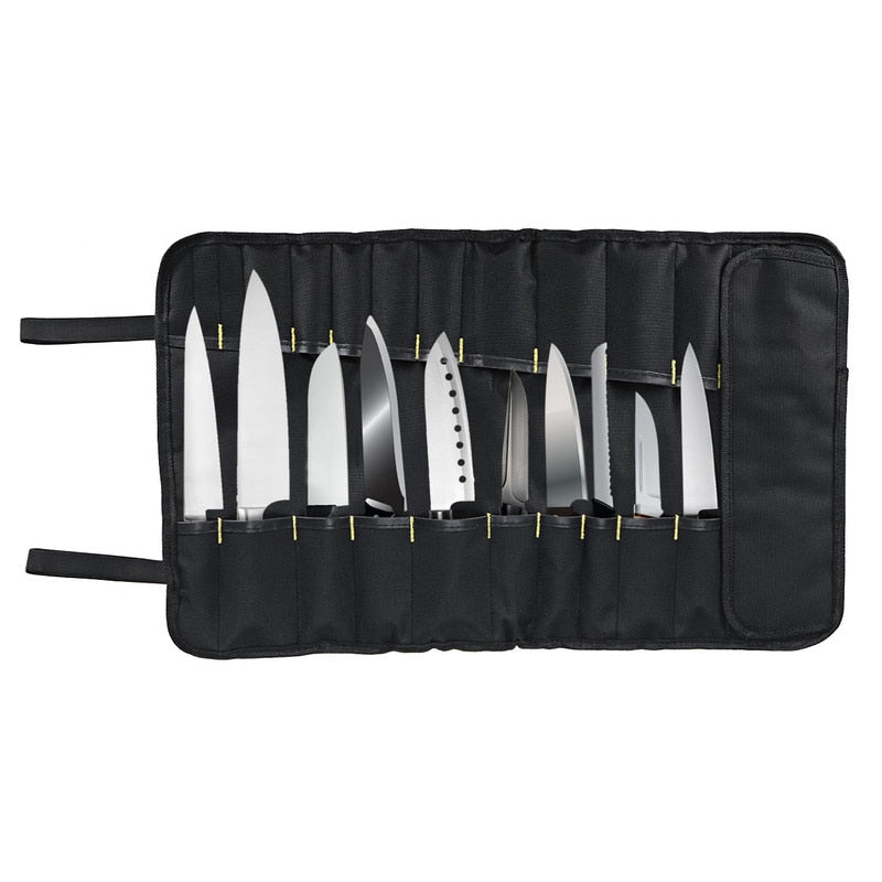 A sleek black case filled with sharp knives, perfect for chefs on the go! Get the knife roll bag from Seido Knives.