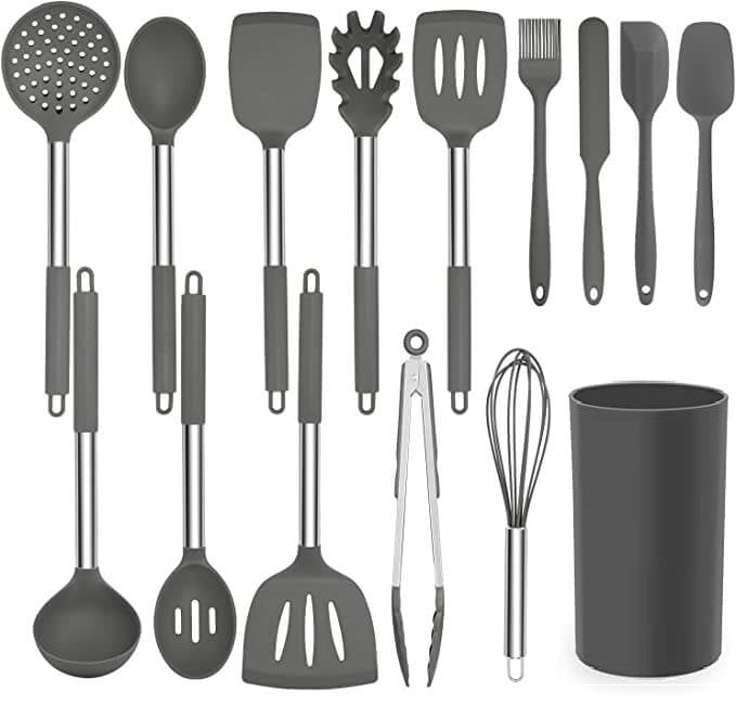 Silicone Cooking Utensil Set,Umite Chef Kitchen Utensils 15pcs Cooking Utensils  Set Non-stick Heat Resistan BPA-Free Silicone Stainless Steel Handle  Cooking Tools Whisk Kitchen Tools Set - Grey 