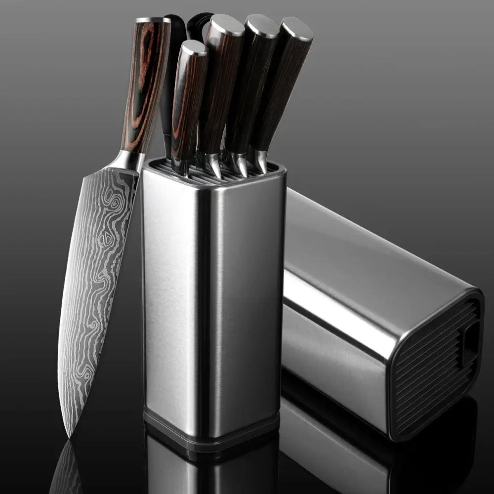 Knives in a sleek stainless steel holder - perfect for any kitchen! Get organized with this knife block from Seido Knives.