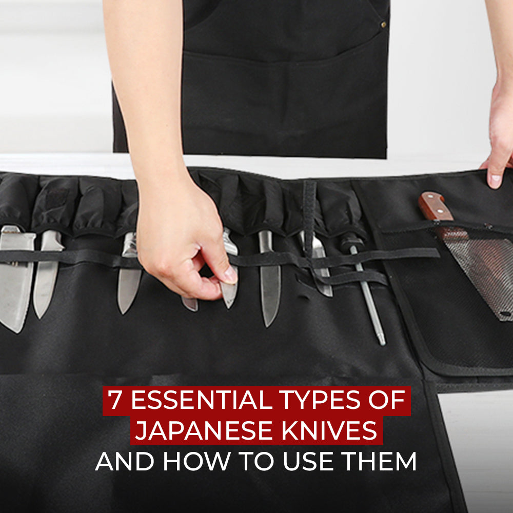  A chef arranges various Japanese knives within a black storage roll.