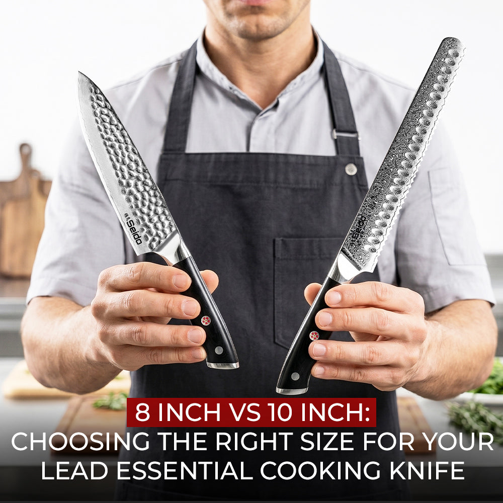 Chef comparing 8-inch and 10-inch Japanese kitchen knives for cooking and meal prep