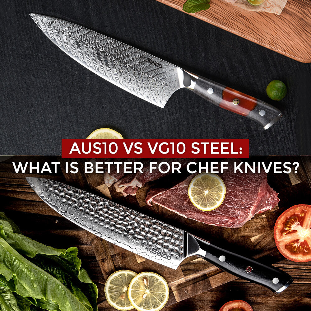 A comparison image of two different chef knives, one with a Damascus pattern and one with a hammered finish, alongside food ingredients.