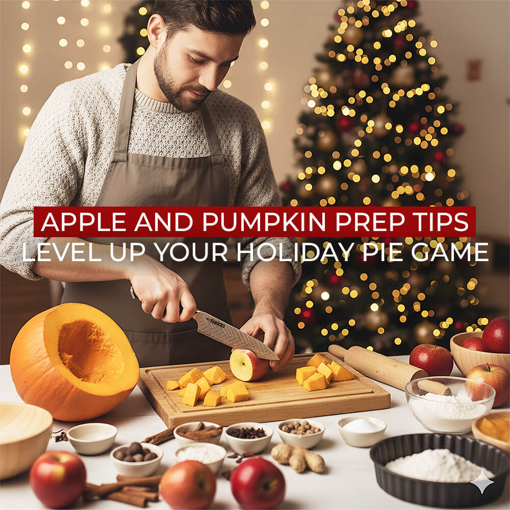 A man cutting apples and pumpkin on a wooden board in a festive kitchen with a Christmas tree in the background.