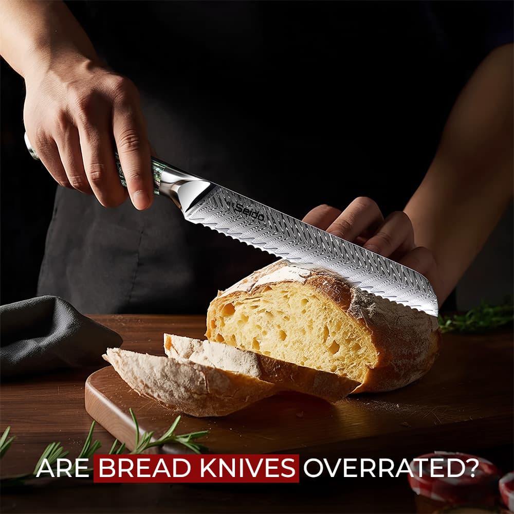 Person slicing a loaf of bread with a serrated bread knife on a wooden cutting board.