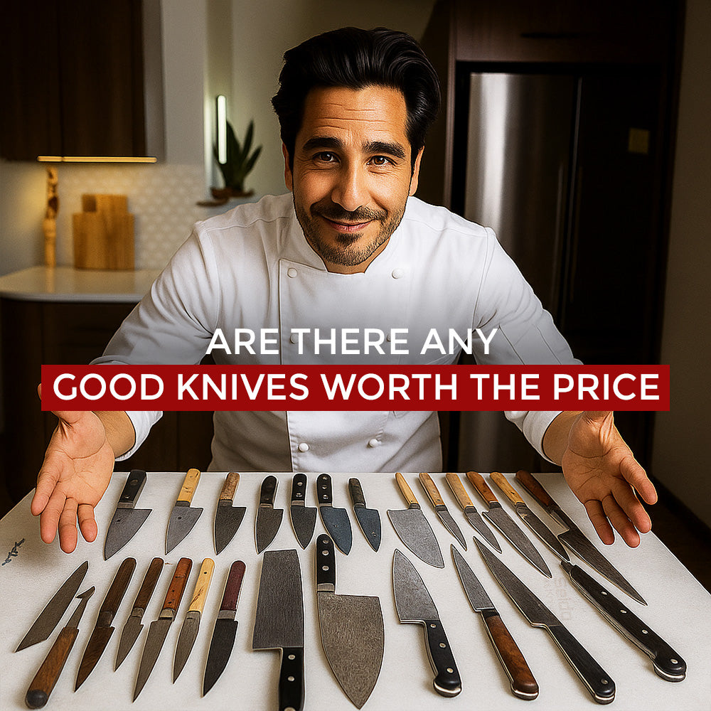 A chef in a white coat stands behind a table displaying a wide variety of knives with the overlaid text, "Are there any good knives worth the price?