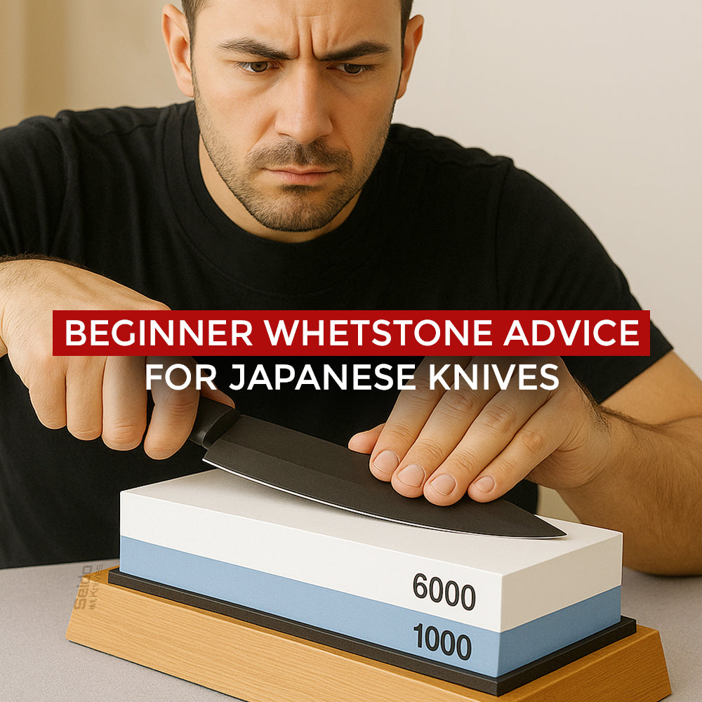 A man with a focused expression sharpens a Japanese knife on a 1000/6000 dual-grit whetstone.