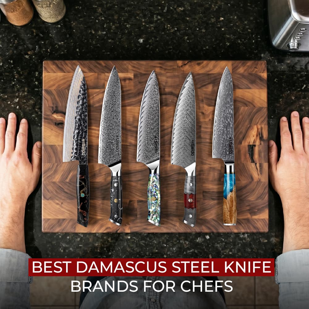 Damascus steel knife set lineup for chefs on wooden cutting board