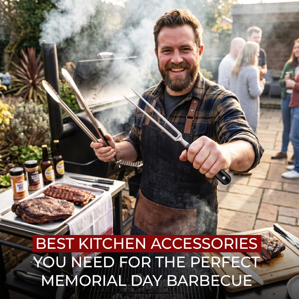 Man grilling at backyard barbecue while holding carving fork and BBQ tongs during Memorial Day cookout