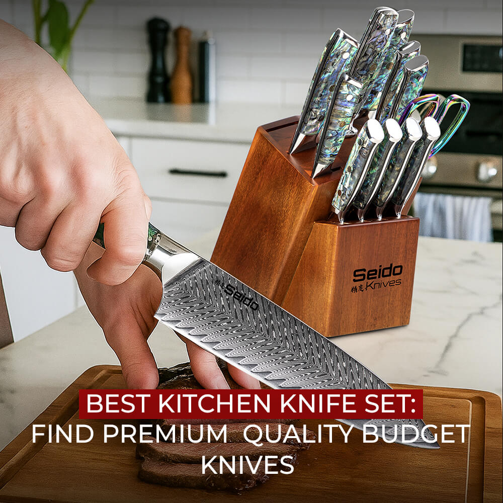 Seido knife slicing meat with premium knife block set in background.
