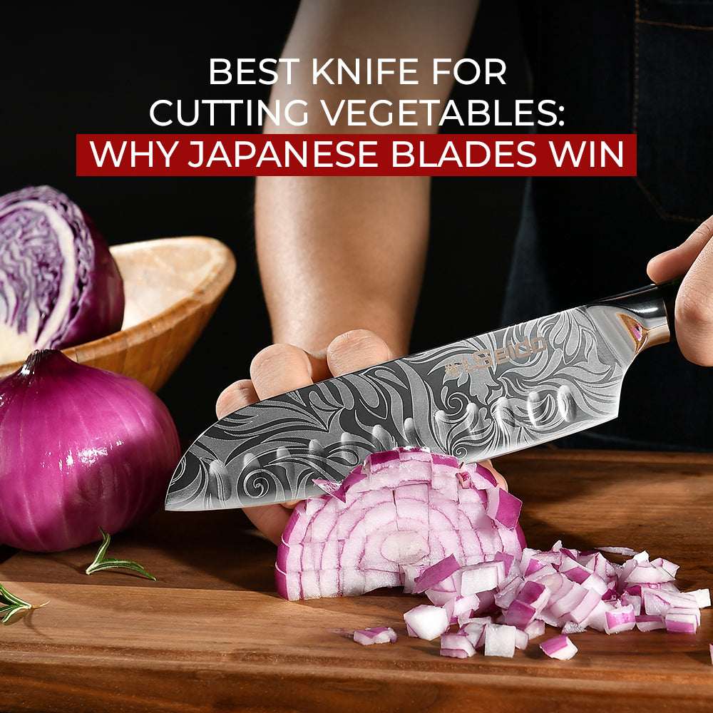 Patterned Japanese knife dicing a red onion on a wooden board.