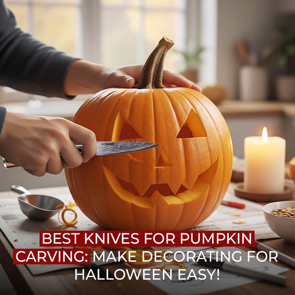 A person carving a smiling pumpkin with a sharp knife on a table, highlighting the best knives for easy Halloween decorating.
