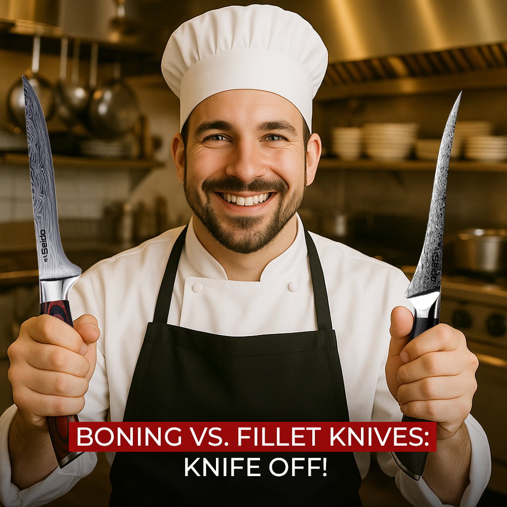 A smiling chef in a professional kitchen holds up a Seido boning knife and a fillet knife to compare them.