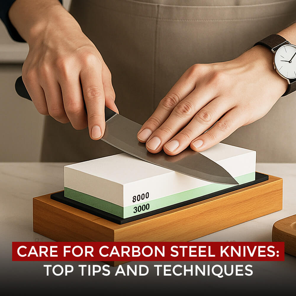 A person wearing an apron sharpens a knife on a dual-grit 3000/8000 whetstone held in a wooden base.