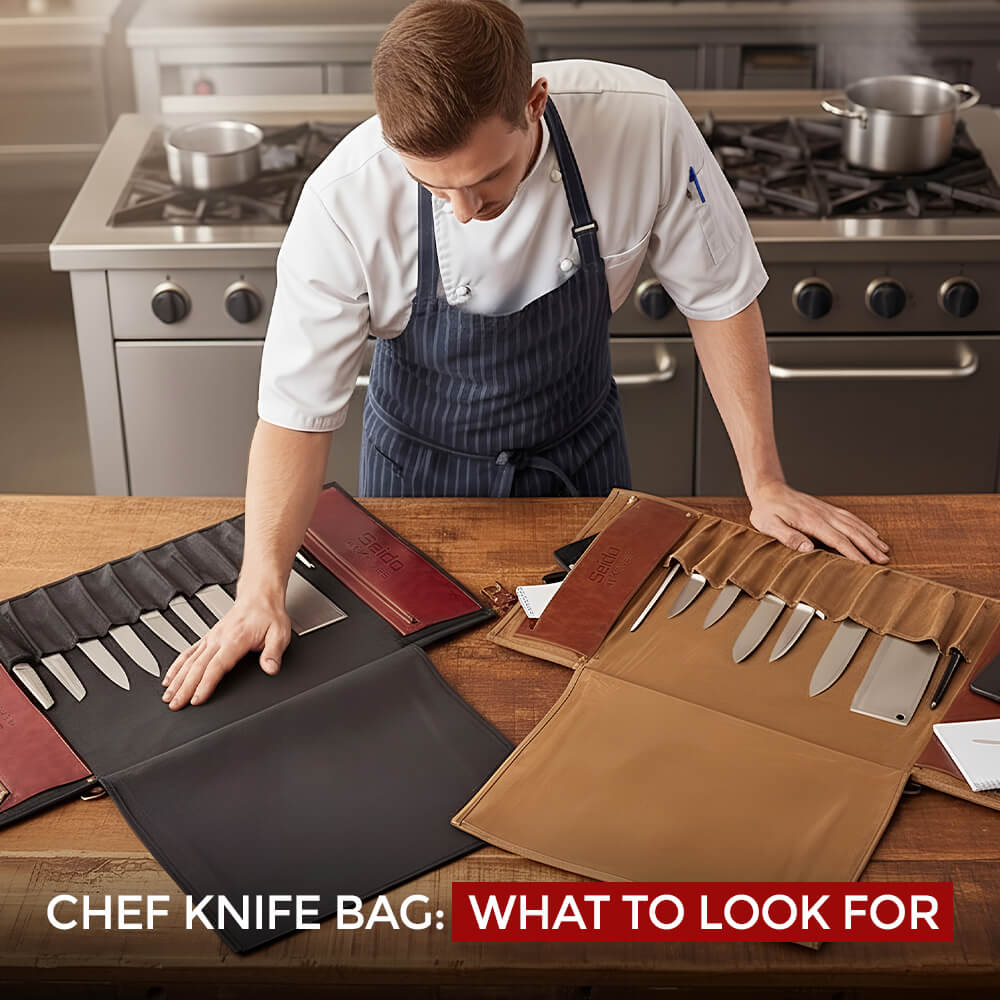 A professional chef in a commercial kitchen carefully places a Damascus steel knife into a knife roll.