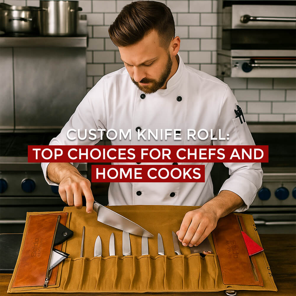 Chef placing knife in custom leather knife roll on kitchen counter.