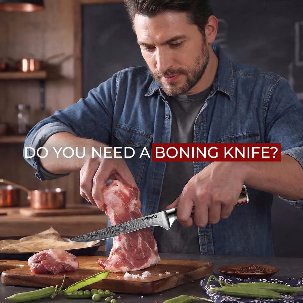 Man using a boning knife to trim meat on a cutting board