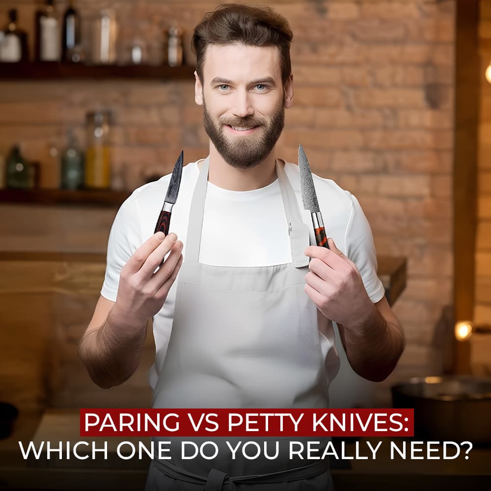 Man holding a paring knife and petty knife crossed in a kitchen, comparing paring vs petty knives.