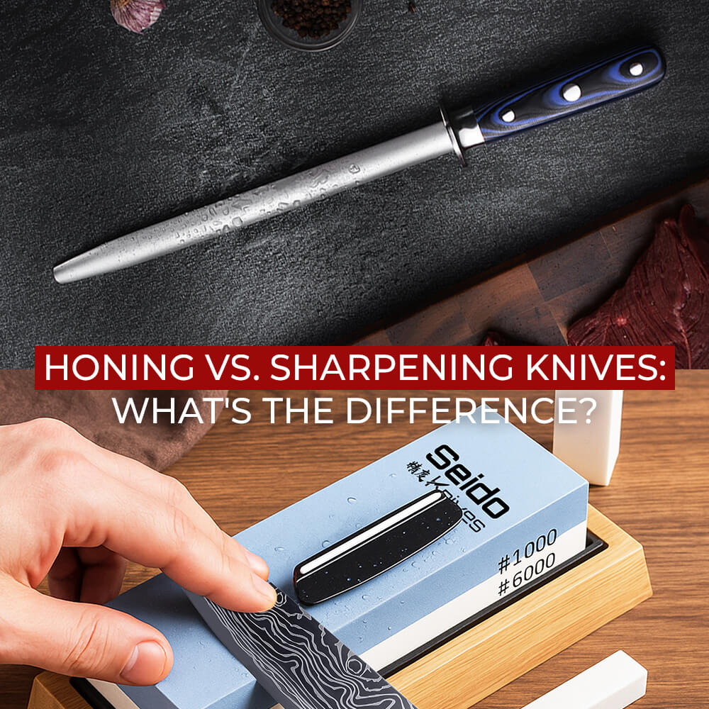 Knife honing with a steel and sharpening with a whetstone.