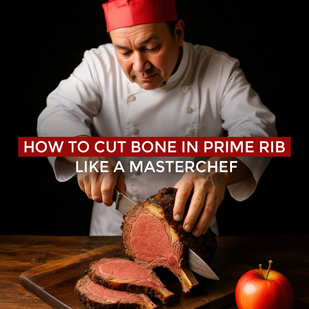 A chef in a white uniform and red hat carefully carves a large, cooked bone-in prime rib roast on a wooden cutting board.