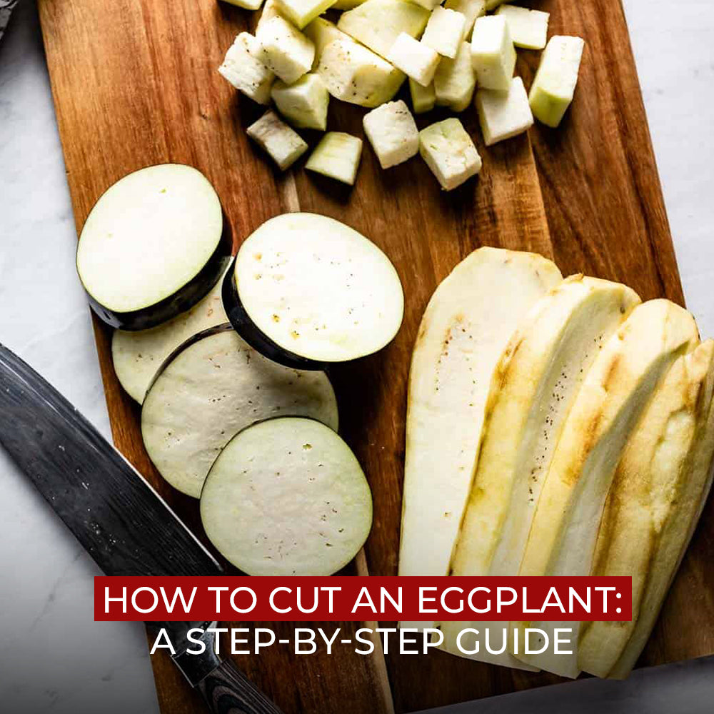 Sliced and diced eggplant on a wooden cutting board with a knife, showing different cutting styles.