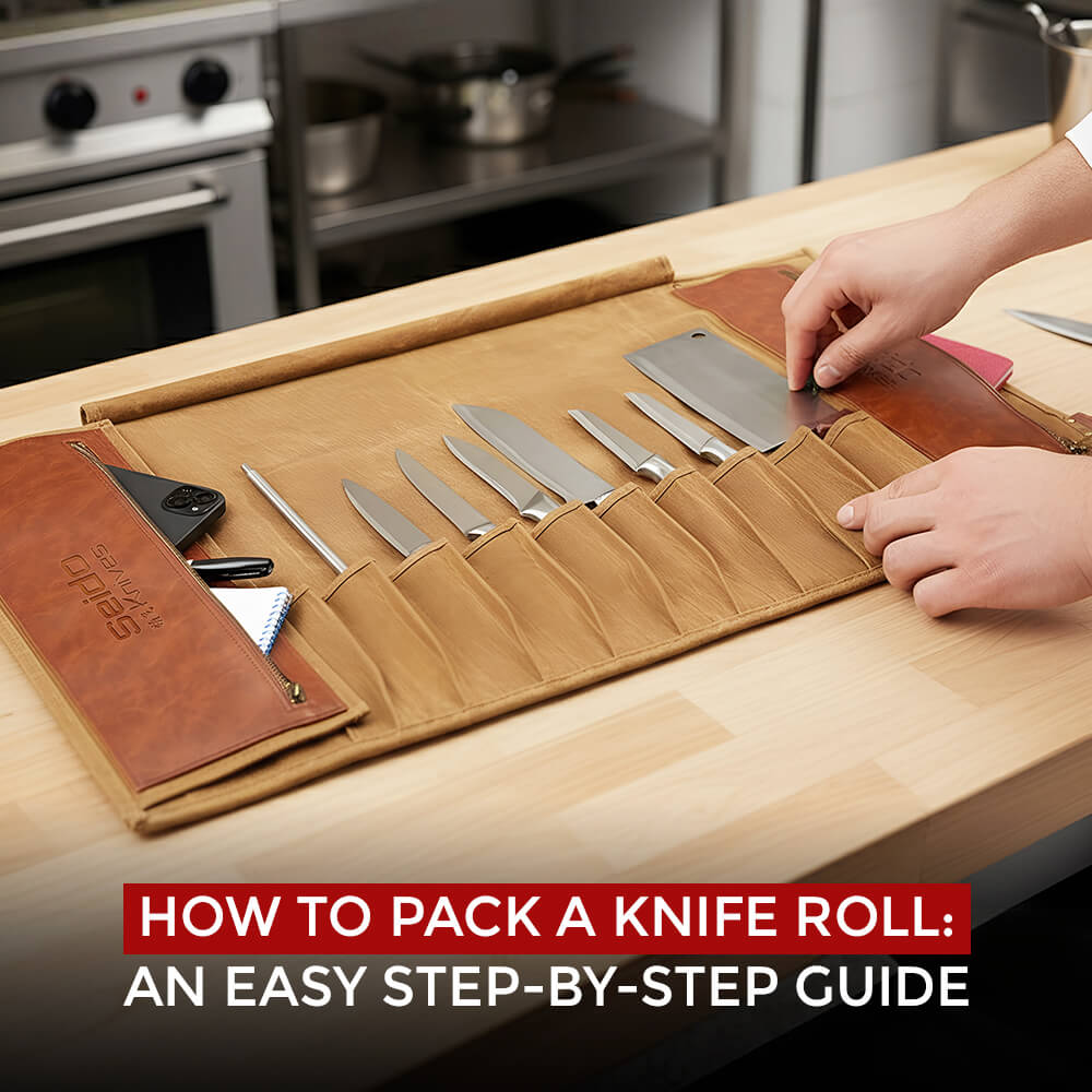 A chef's hands pack various knives into an open canvas and leather knife roll in a professional kitchen.