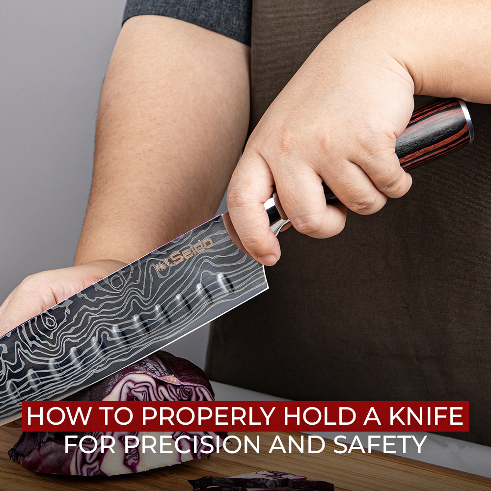 Proper knife grip technique for precision and safety while cutting meat.