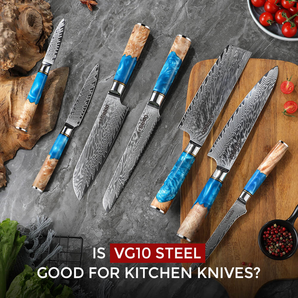 A collection of Damascus steel knives with blue and wood handles arranged on a cutting board with fresh vegetables.