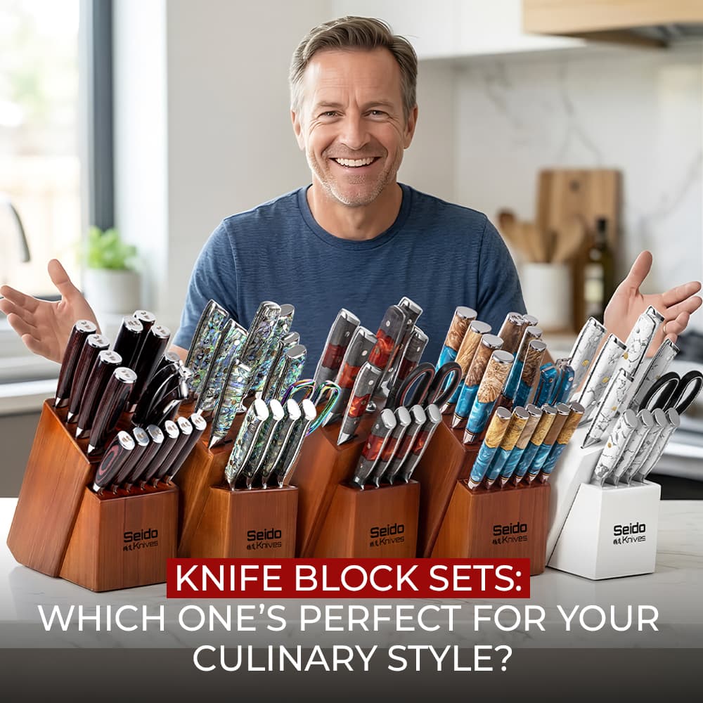 Chef presenting multiple Seido knife block sets in a modern kitchen.