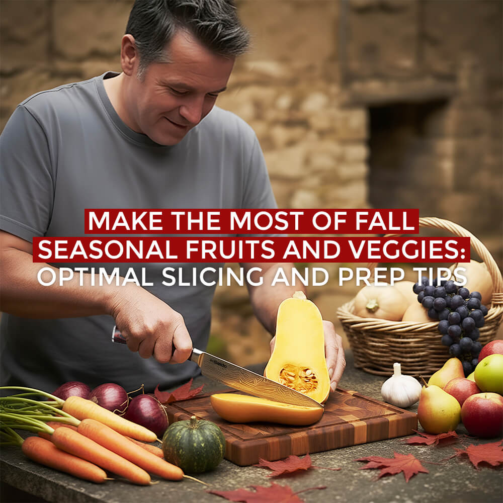 A man slicing squash on a wooden board surrounded by carrots, onions, and grapes, illustrating fall fruit and vegetable preparation tips.