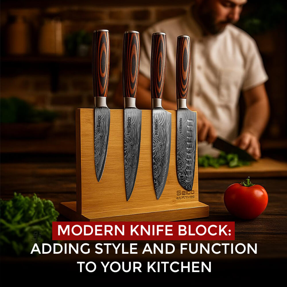 A Seido magnetic wooden knife block holds four Damascus knives, with a tomato and a chef in the background.