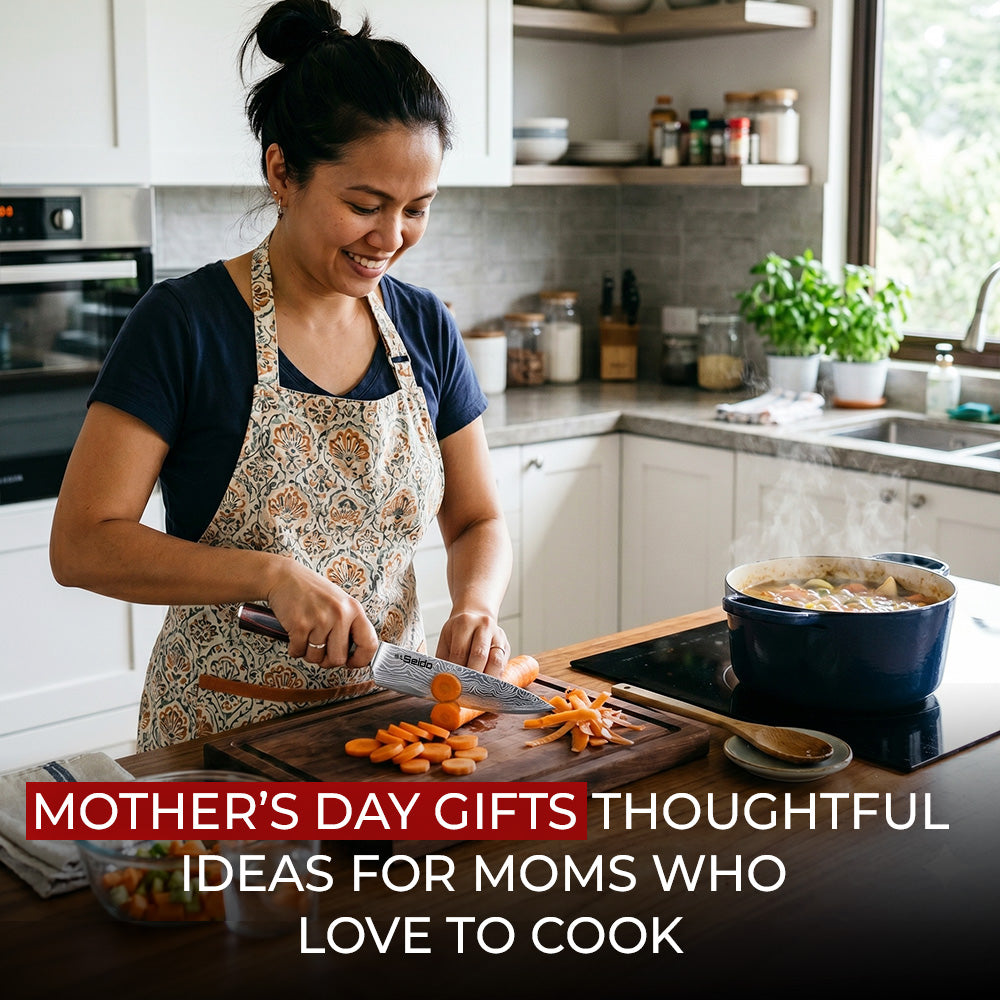 Mother’s Day gift ideas with mom cooking and chopping carrots in kitchen