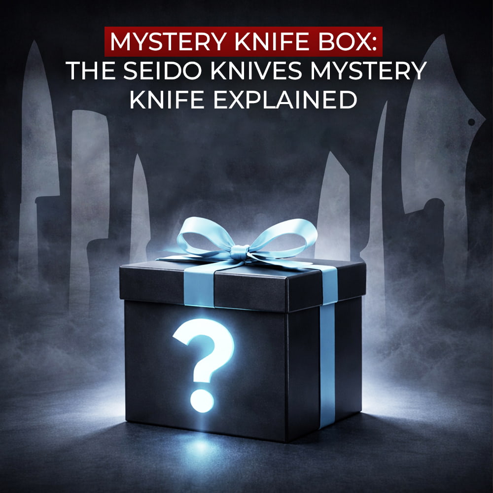 Seido Knives mystery knife box with a gift ribbon, highlighting the surprise knife concept.
