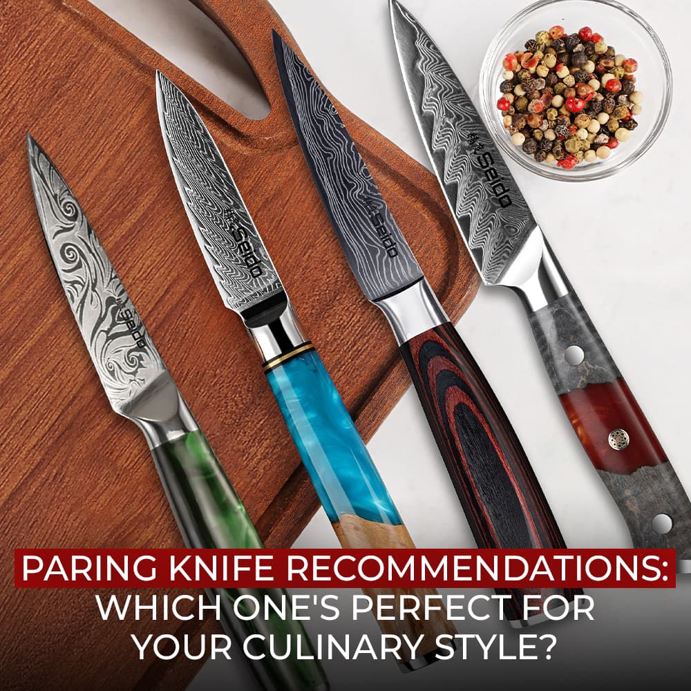 Seido Damascus paring knives with pakkawood handles displayed on a wooden cutting board.