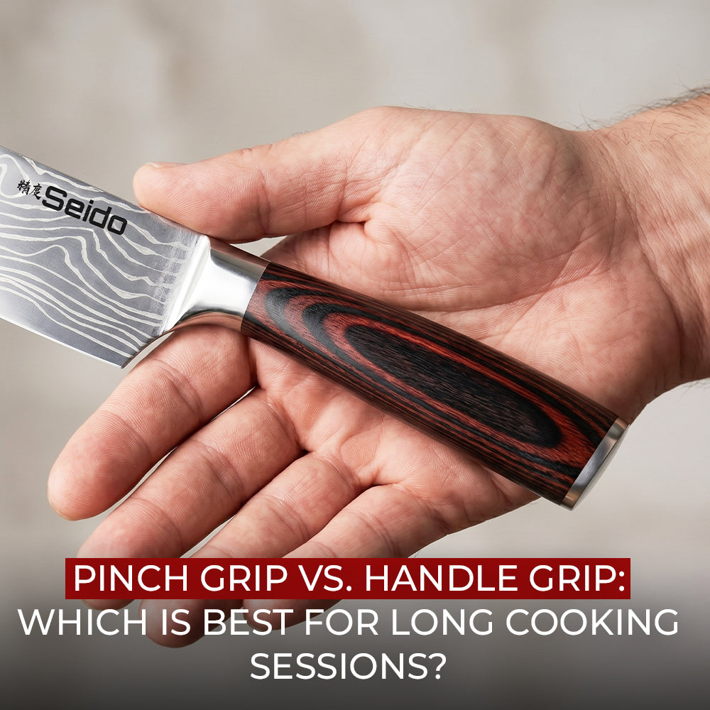 Chef Demonstrating Pinch Grip on a Japanese Chef Knife for Better Control and Comfort During Long Cooking Sessions