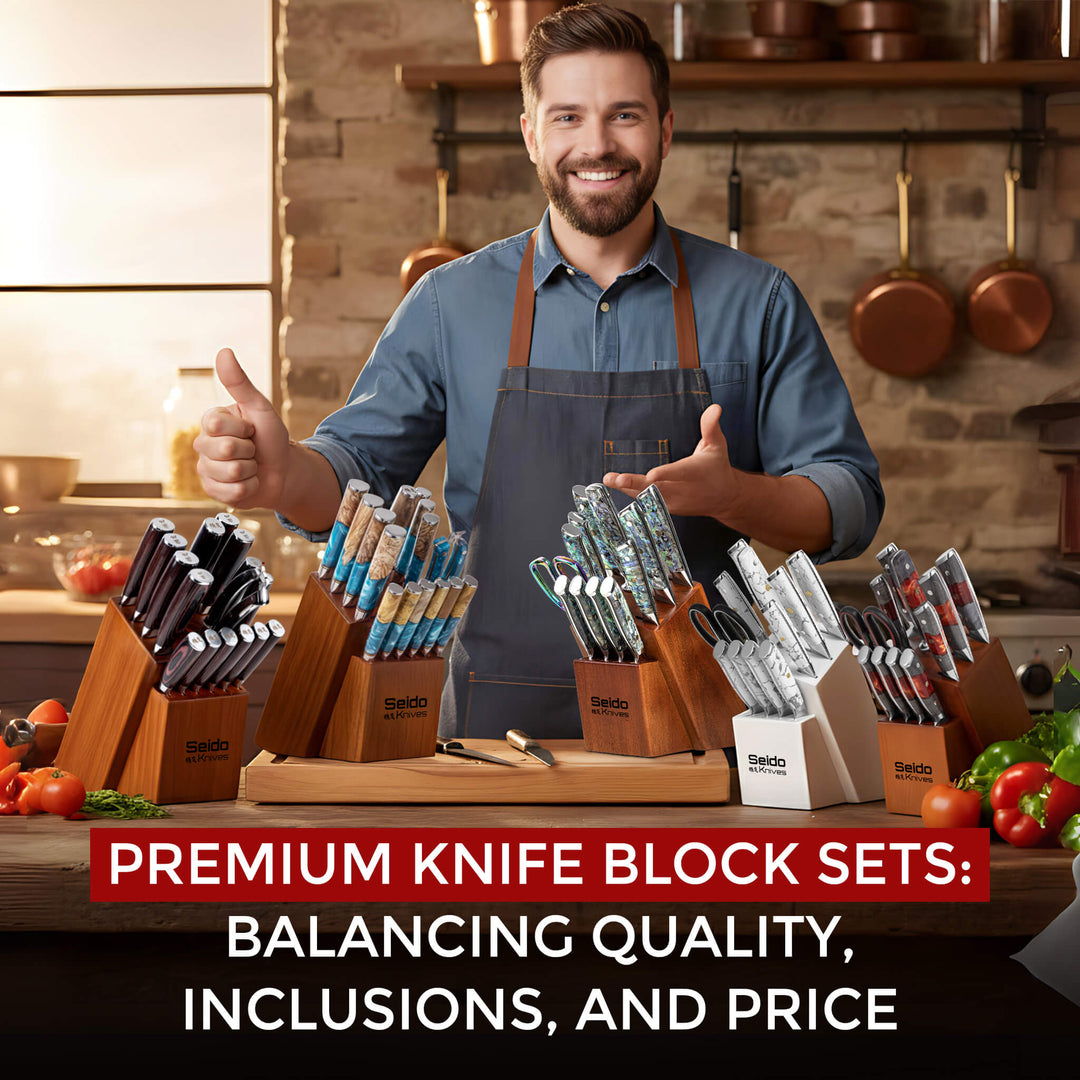 A smiling man in an apron gives a thumbs-up behind a display of five different Seido knife block sets in a kitchen.