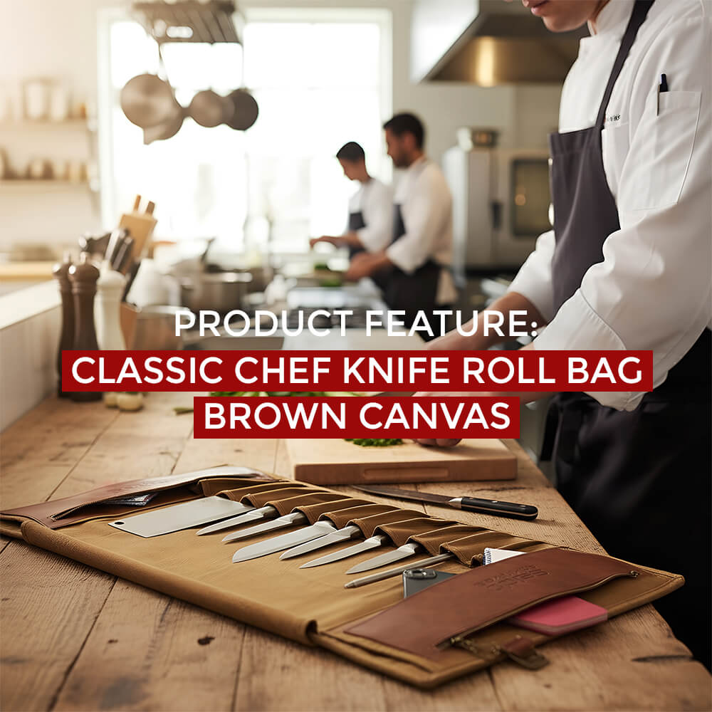  A brown canvas chef knife roll is laid open on a wooden table in a busy professional kitchen.