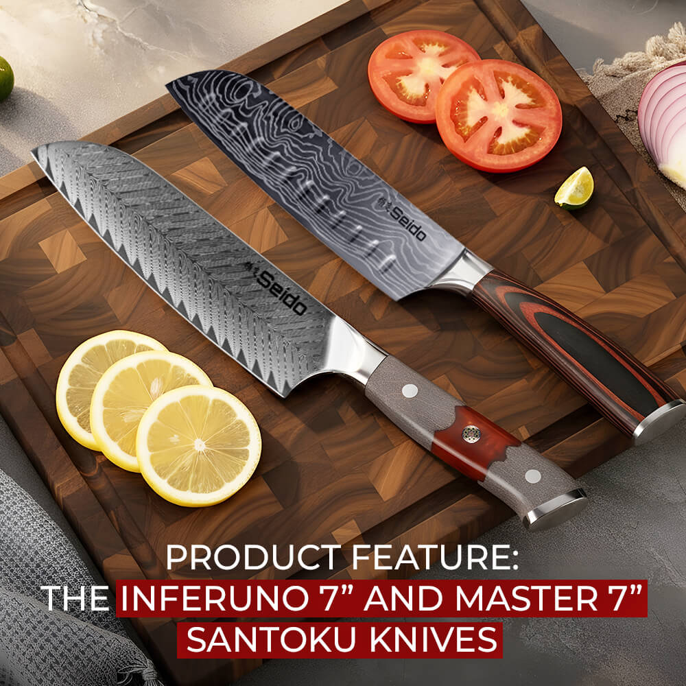 Two Seido Santoku knives — the Inferuno 7” and Master 7” — displayed on a wooden cutting board