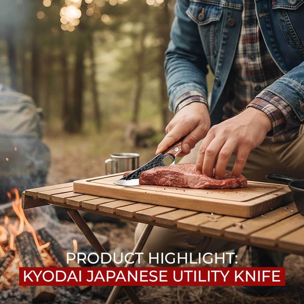 Person slicing a piece of meat outdoors on a wooden table using a Kyodai Japanese utility knife beside a campfire.