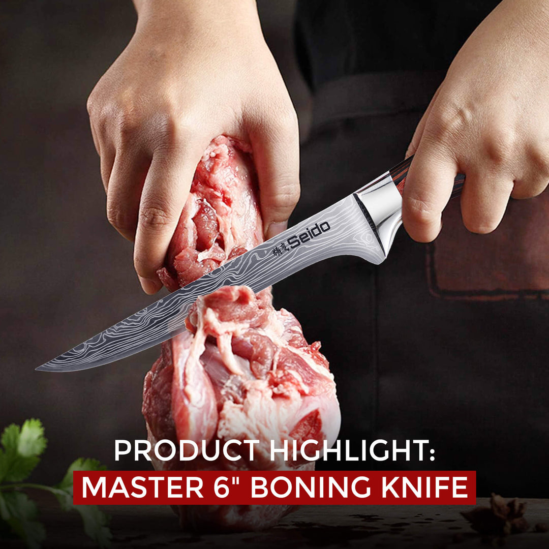 Person using a Seido Master 6-inch boning knife to cut raw meat on a wooden board.