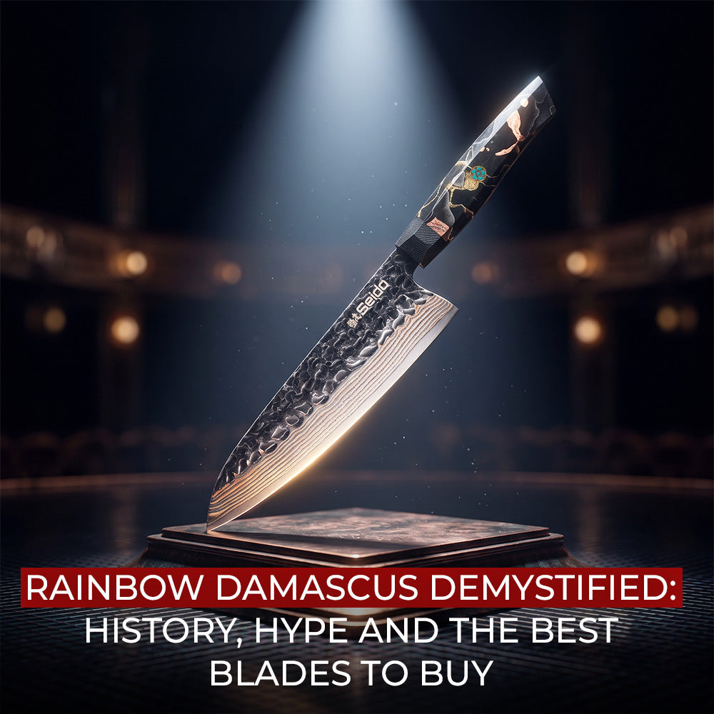 Rainbow Damascus Chef Knife Under Spotlight