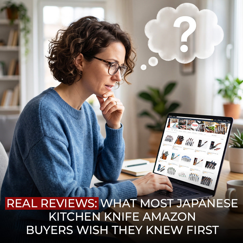 Woman Researching Japanese Kitchen Knife Reviews Online